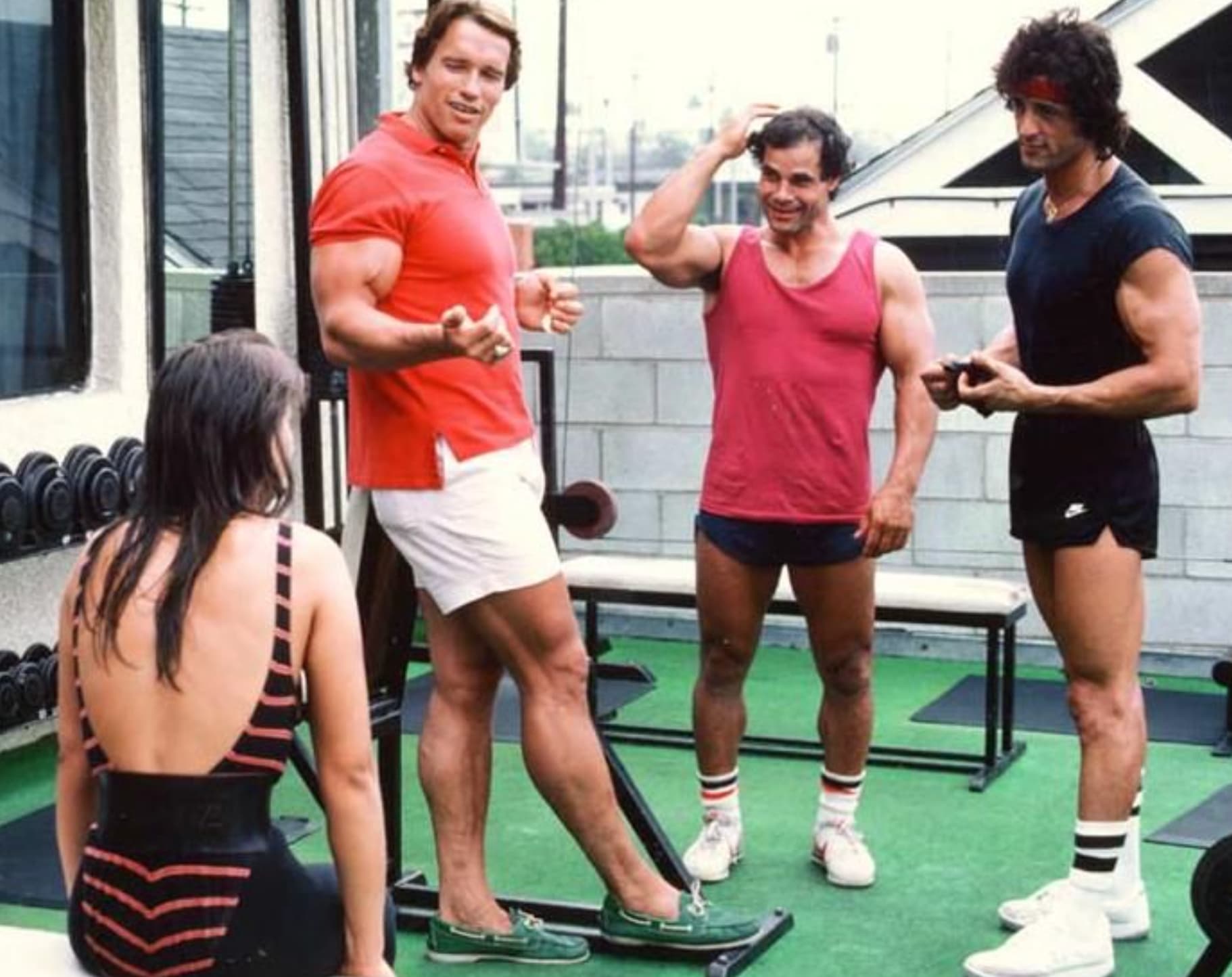 “Arnold Schwarzenegger and Sylvester Stallone - workout session in Venice Beach. 1980’s.”